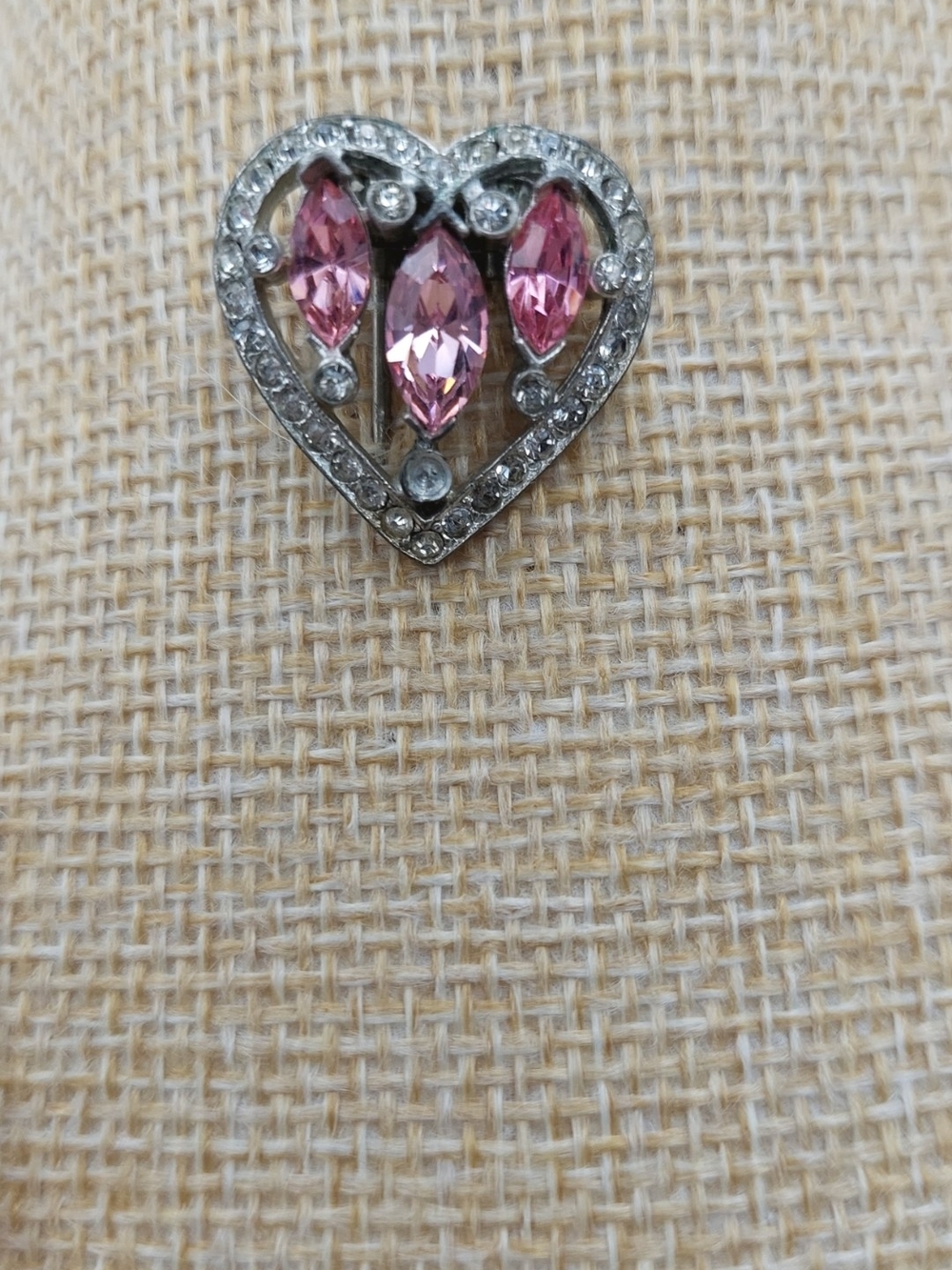 Pink & Clear Rhinestone Ornate Vintage Dainty Heart Dress Clip Silvertone